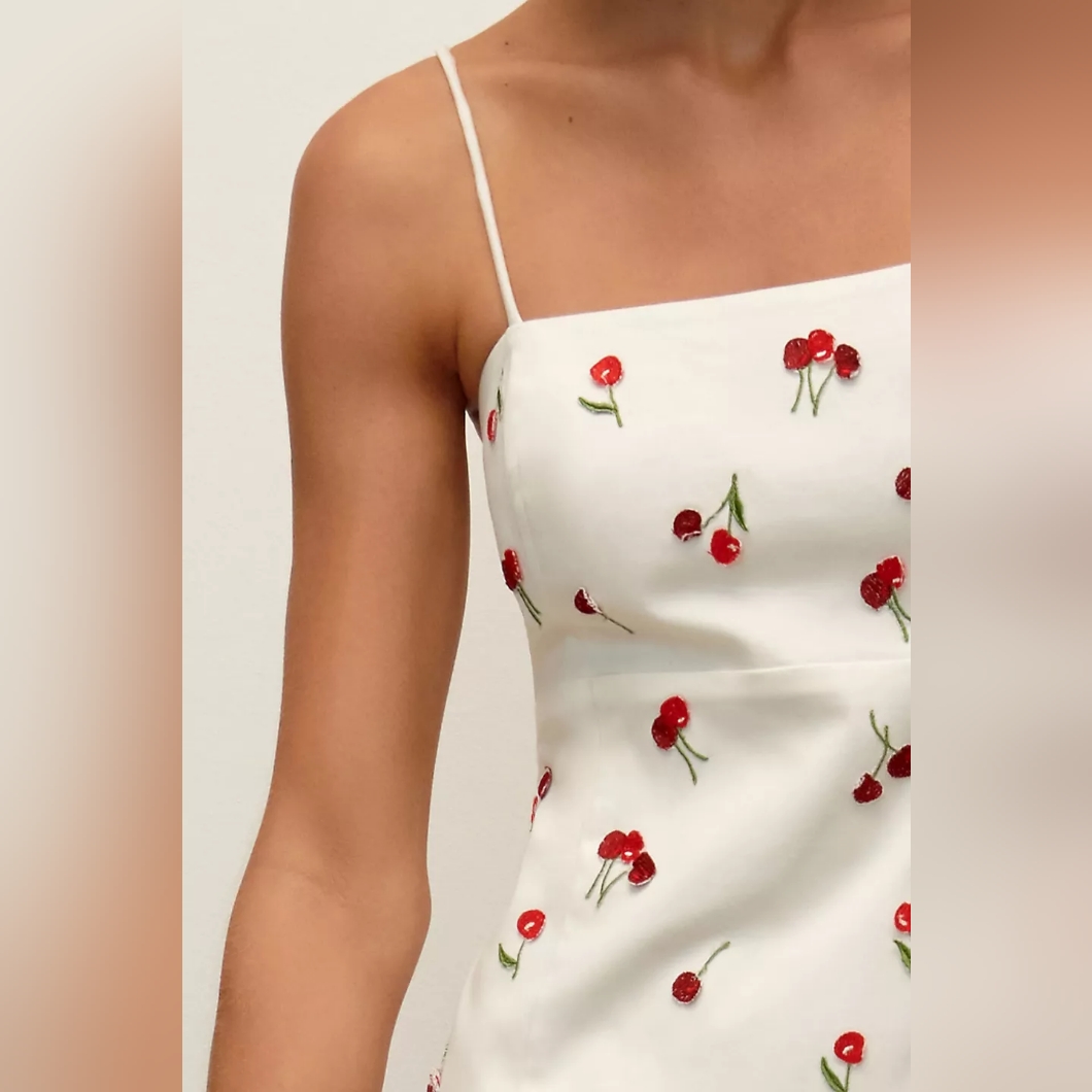Anthropologie Dress The Brynne Spaghetti-Strap White 3d Red Cherry By Maeve